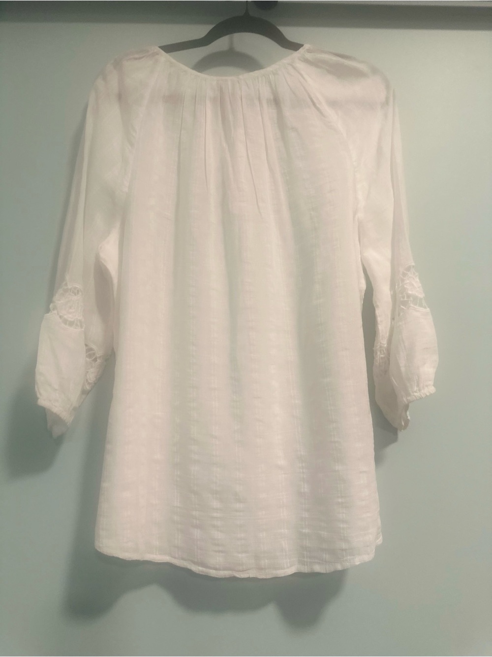 Chico's White Tie-Neck Peasant Blouse with Crochet Sleeves - Picture 3 of 9